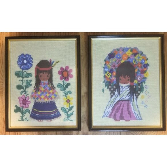Ted DeGrazia Flower Girl Poncho Girl Finished Needlepoint Cross Stitch Framed - Picture 1 of 10
